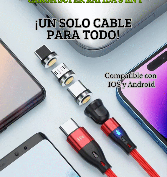 5 Cable Magnético de Carga Super Rápida 3 en 1